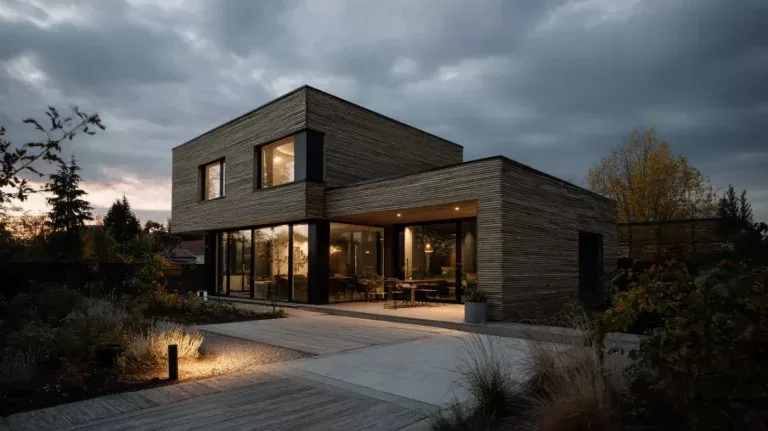 Maison contemporaine en bois éclairée au crépuscule, visuel du site Maison Astucieuse