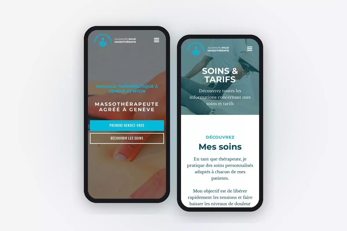 Le site d’Alexandre Rouai sur deux téléphones : accueil et soins