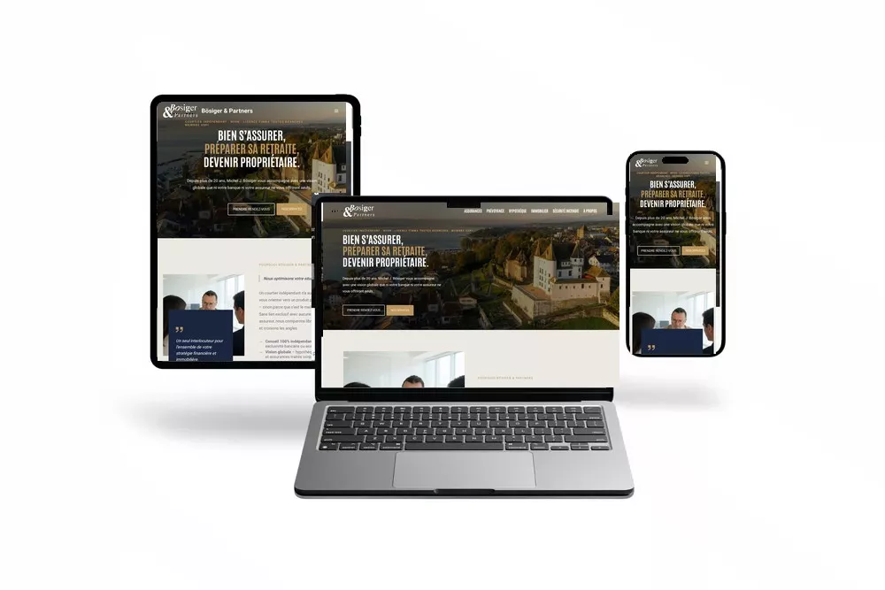 Site Bösiger & Partners sur ordinateur portable, tablette et téléphone