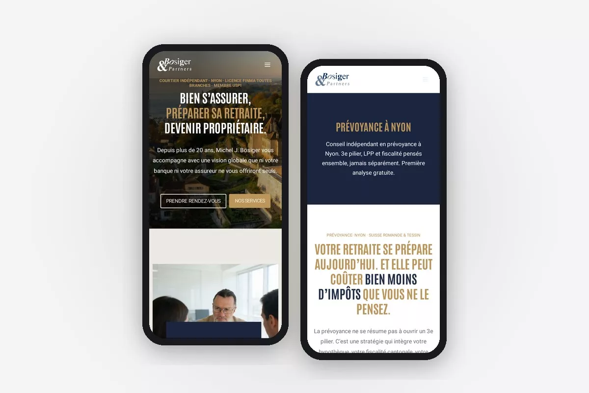 Le site Bösiger & Partners sur deux téléphones