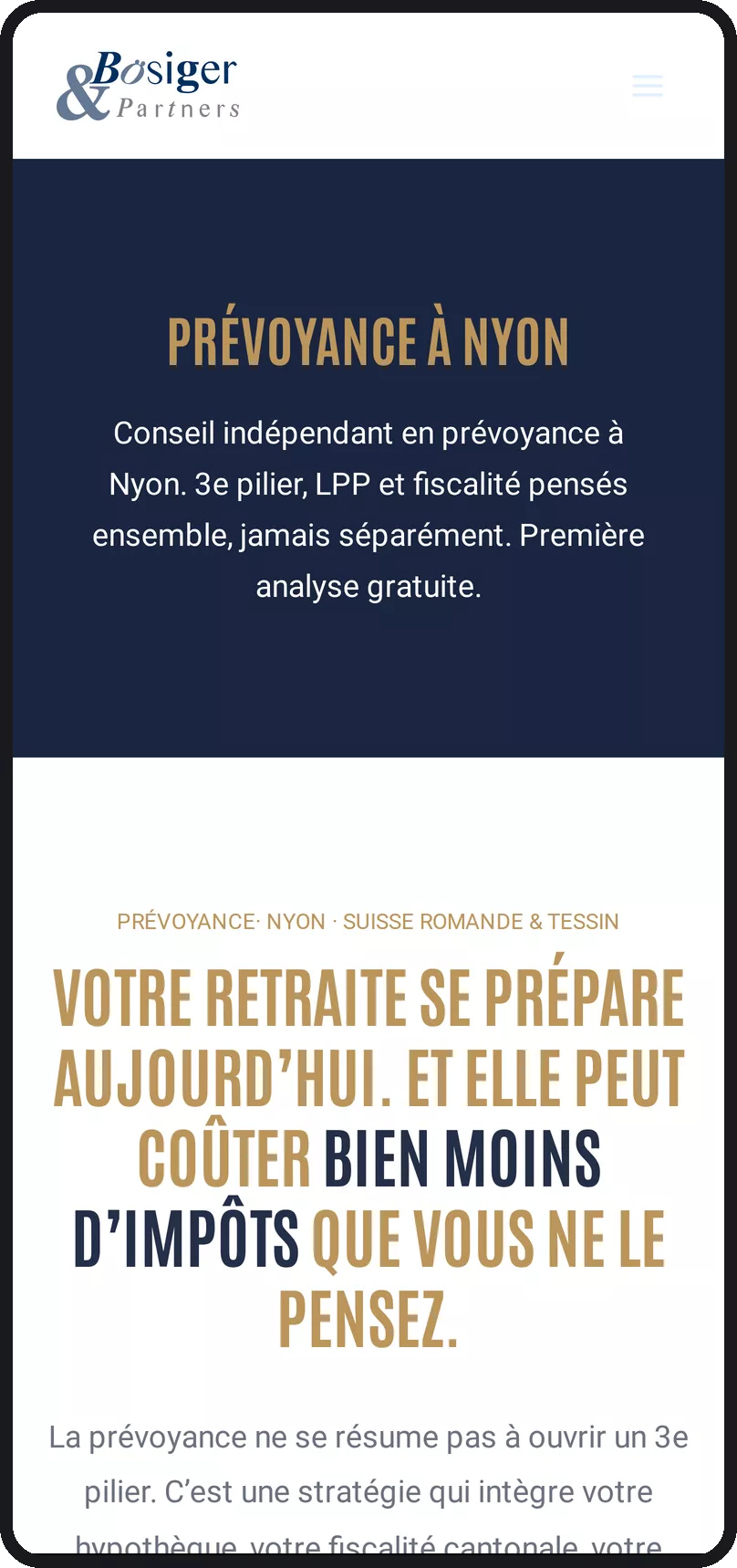 Page intérieure de Bösiger & Partners sur smartphone