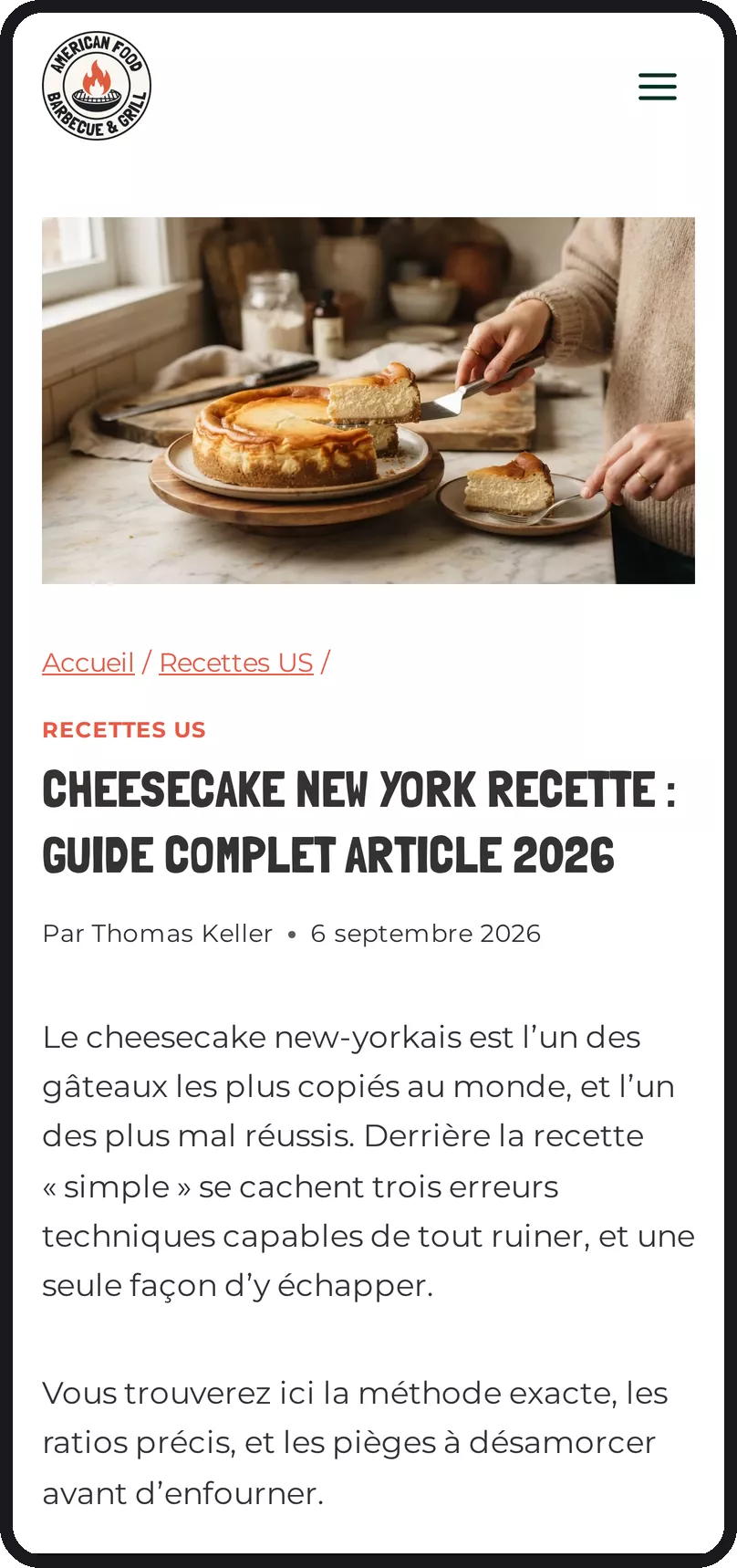 Page intérieure de American Food sur smartphone